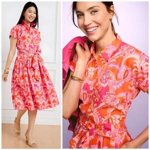 NWT Talbots Pink Orange Button Up Tie Waist Dress, 10P